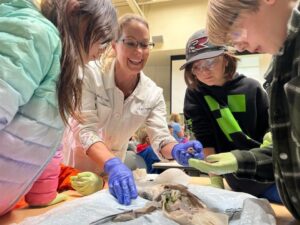 A teacher guides kids in a hands-on science activity with a dissected specimen.